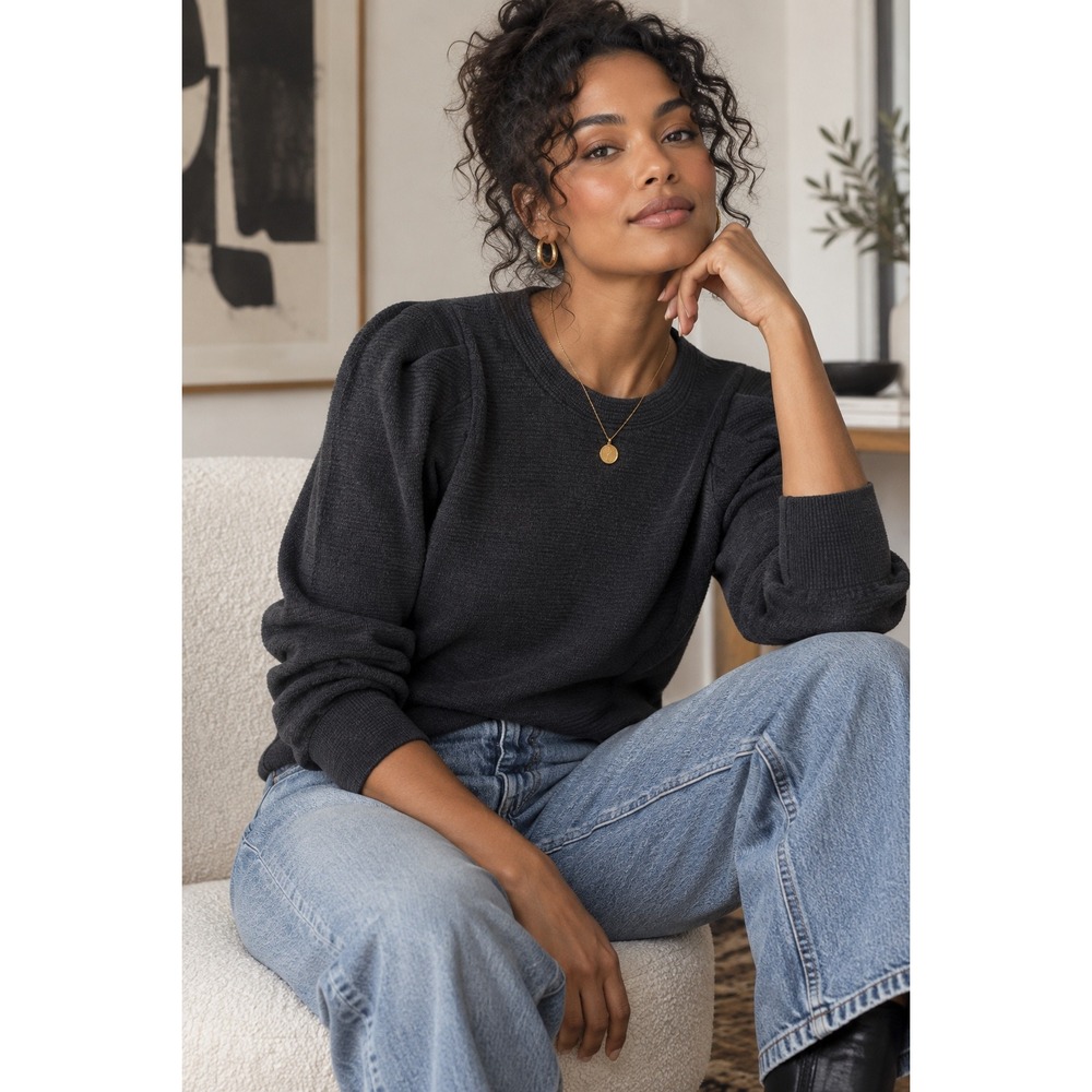 Madewell Black Puff Sleeve Sweatshirt Textured Knit Top NC640 Size M